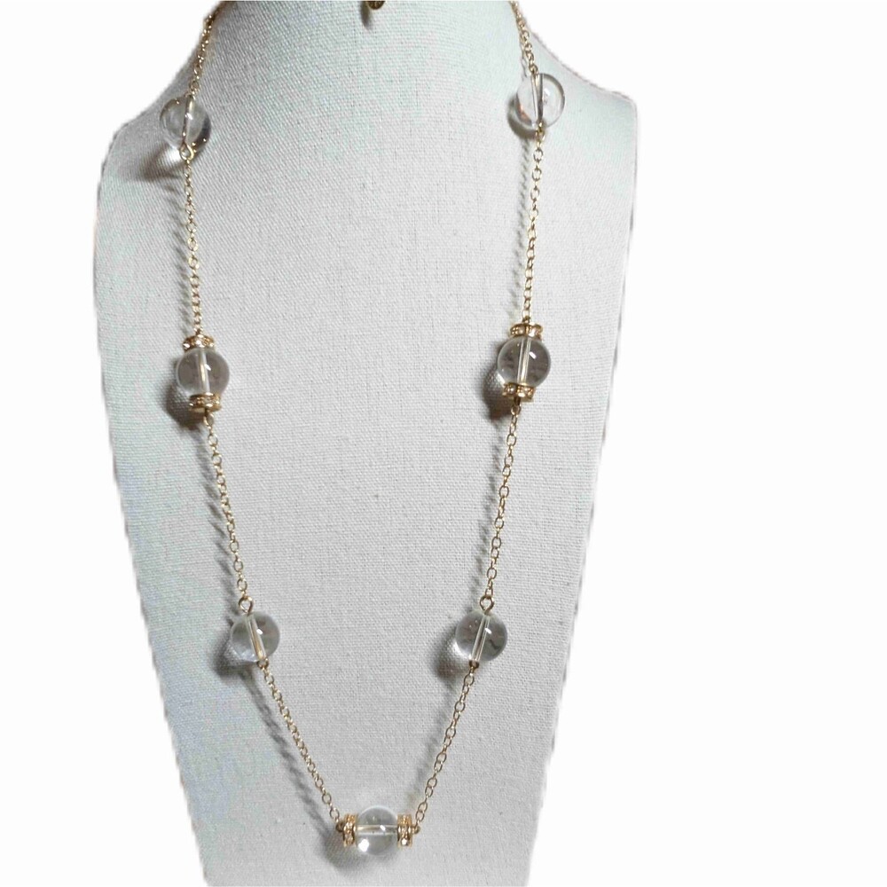 J Crew Glass Bead Necklace Gold Clear Long Chain